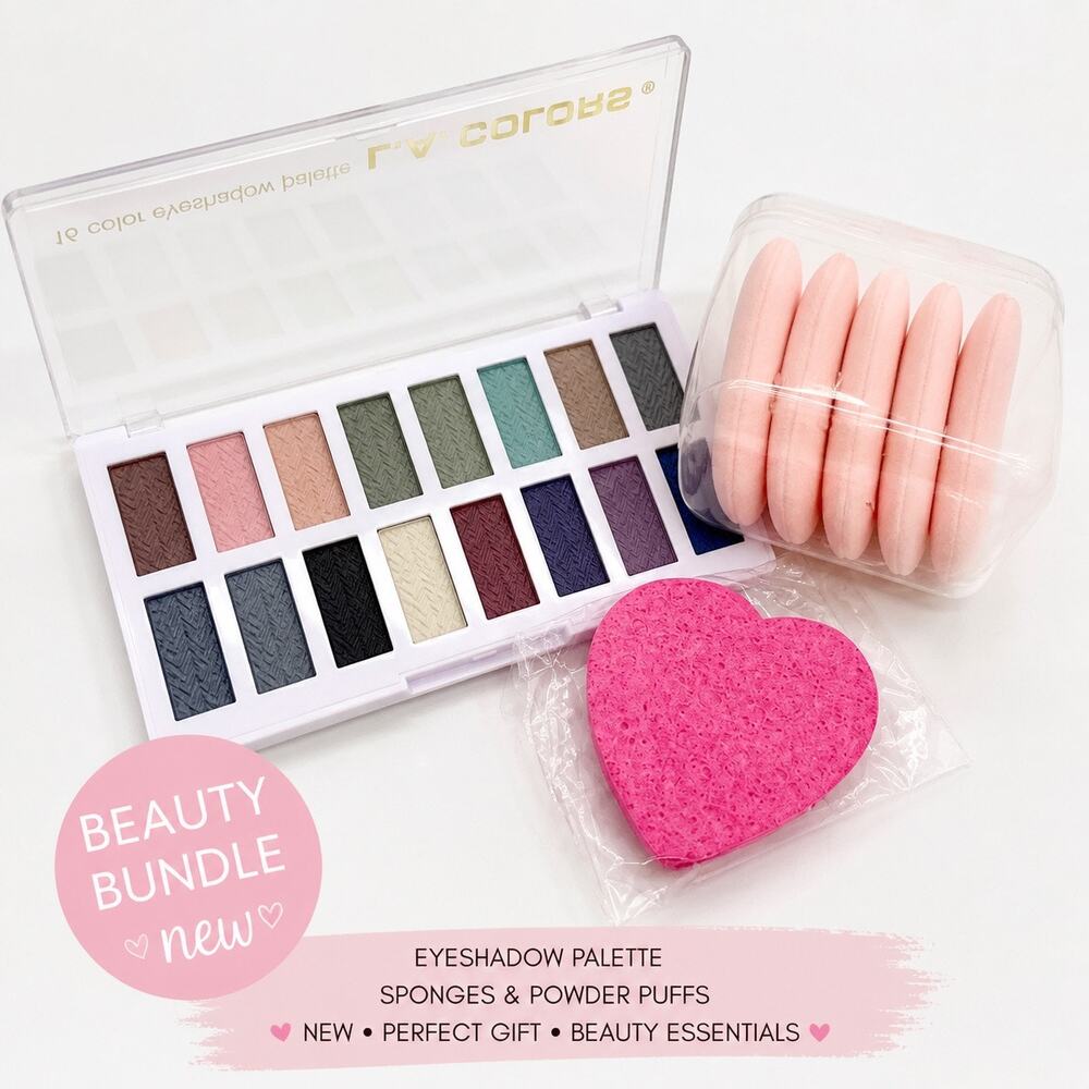 Makeup Bundle Eyeshadow Palette + Sponges Puffs Set NEW Pink Gift